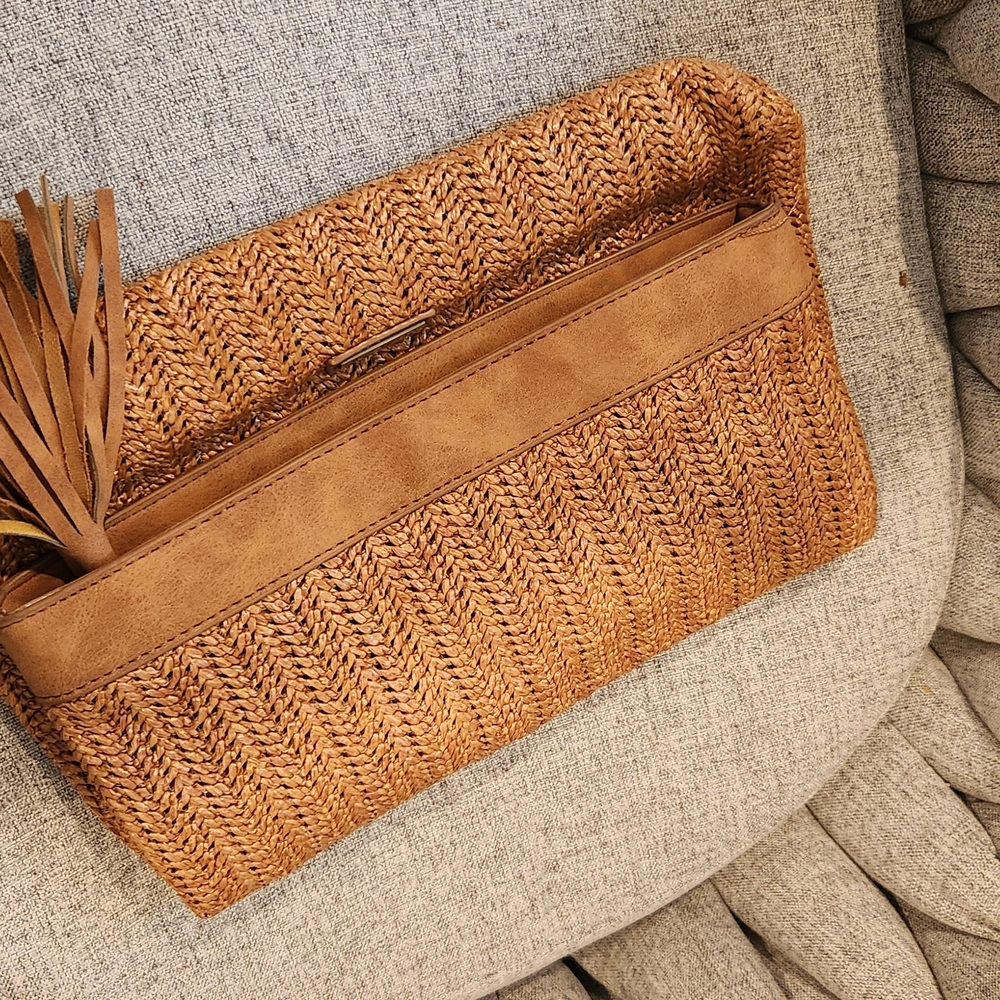 Woven Straw Wristlet Clutch in Tan with Tassel